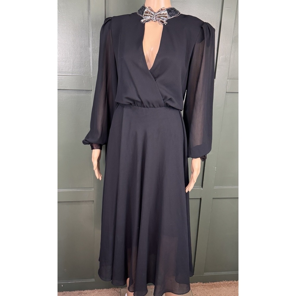 VTG Ursula of Switzerland Beaded Collar Black‎ Evening Dress Gown 12 Sequin Bow